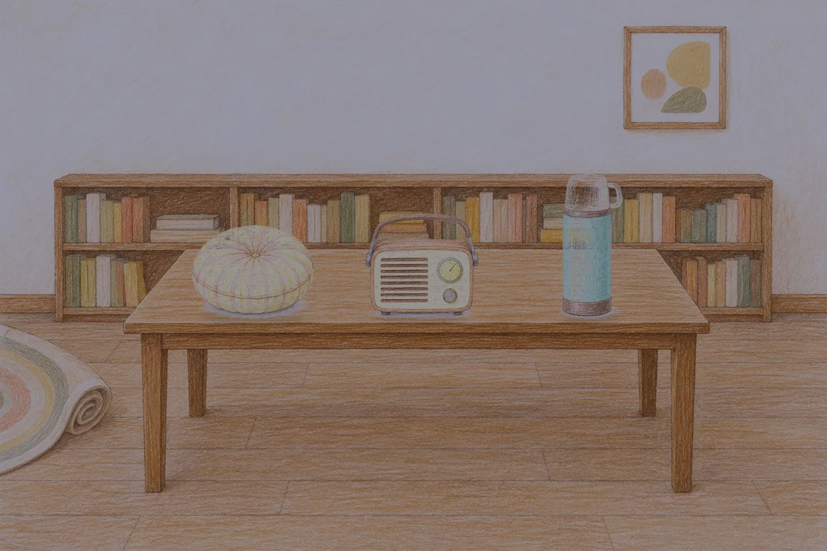 사근동 여성전용 경락 추천 안내 그림, 밤의 서재 긴 책상 위에 놓인 둥근 쿠션, 작은 라디오, 보온병