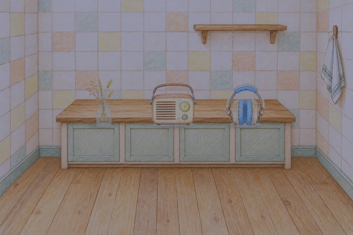 사근동 여성전용 홈케어 안내 그림, 밤의 부엌 나무 조리대 위에 놓인 마른 풀을 꽂은 항아리, 작은 라디오, 헤드폰