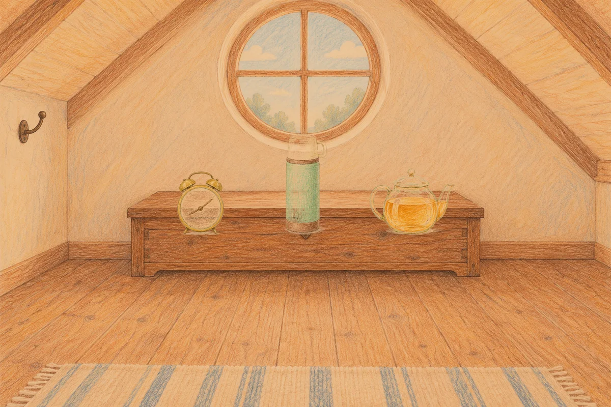 사근동 여성전용 홈케어 서비스 안내 그림, 저녁의 다락방 나무 궤짝 위에 놓인 둥근 알람시계, 보온병, 유리 티포트