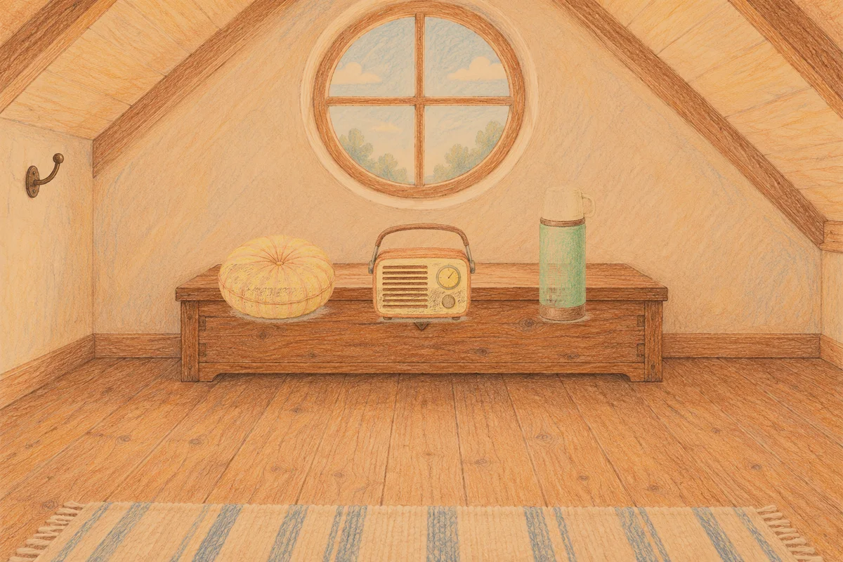 사근동 여성전용 1인샵 안내 그림, 저녁의 다락방 나무 궤짝 위에 놓인 둥근 쿠션, 작은 라디오, 보온병