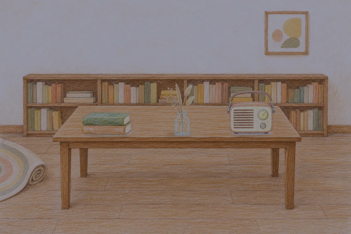 사근동 여성전용 프라이빗 케어 안내 그림, 밤의 서재 긴 책상 위에 놓인 책 두 권, 마른 풀을 꽂은 항아리, 작은 라디오