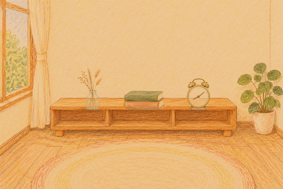 사근동 여성전용 홈케어 추천 안내 그림, 저녁의 창가 낮은 선반 위에 놓인 마른 풀을 꽂은 항아리, 책 두 권, 둥근 알람시계
