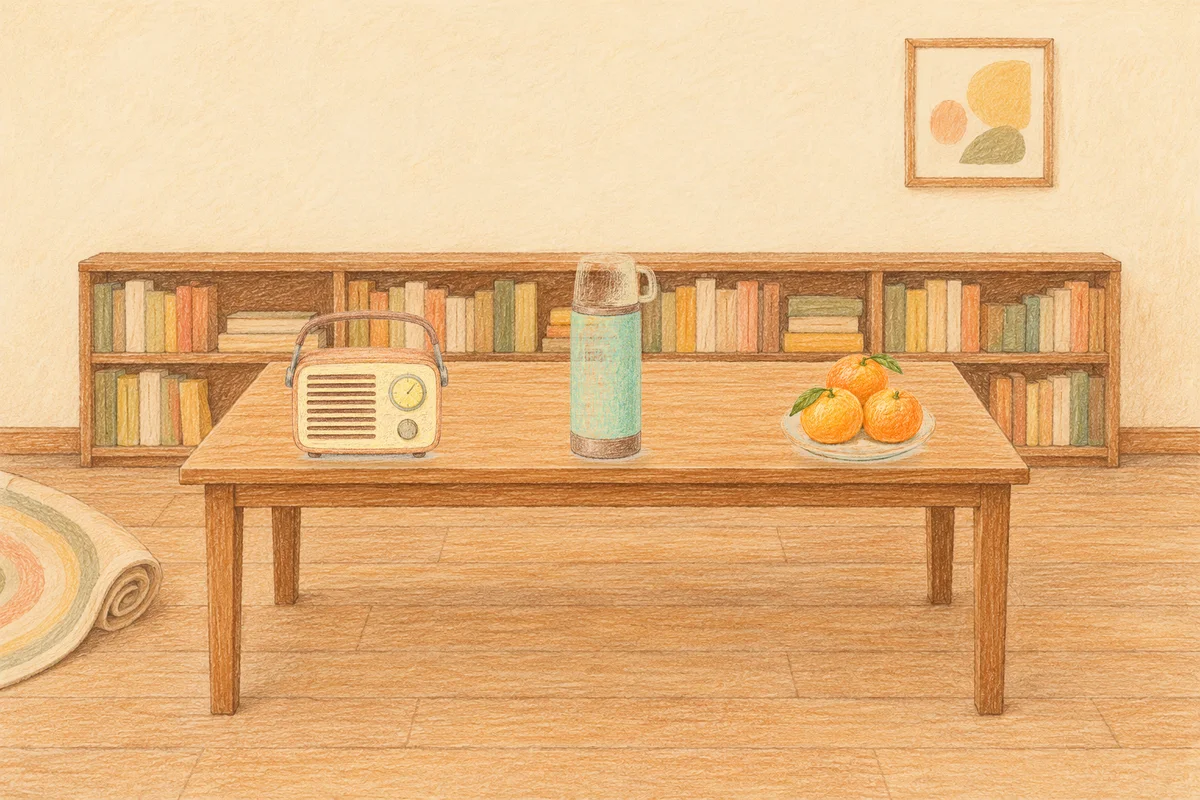 사근동 여성전용 발마사지 안내 그림, 낮의 서재 긴 책상 위에 놓인 작은 라디오, 보온병, 귤이 담긴 접시