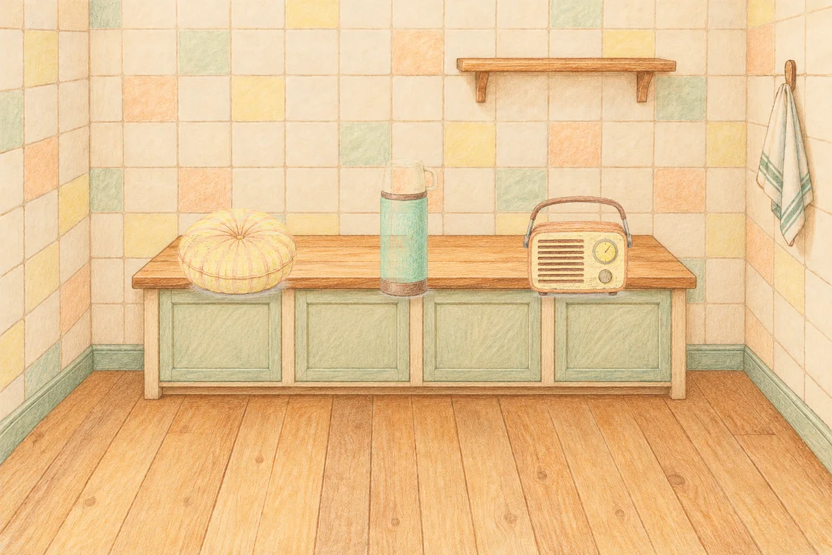 사근동 여성전용 발 부종 케어 안내 그림, 낮의 부엌 나무 조리대 위에 놓인 둥근 쿠션, 보온병, 작은 라디오