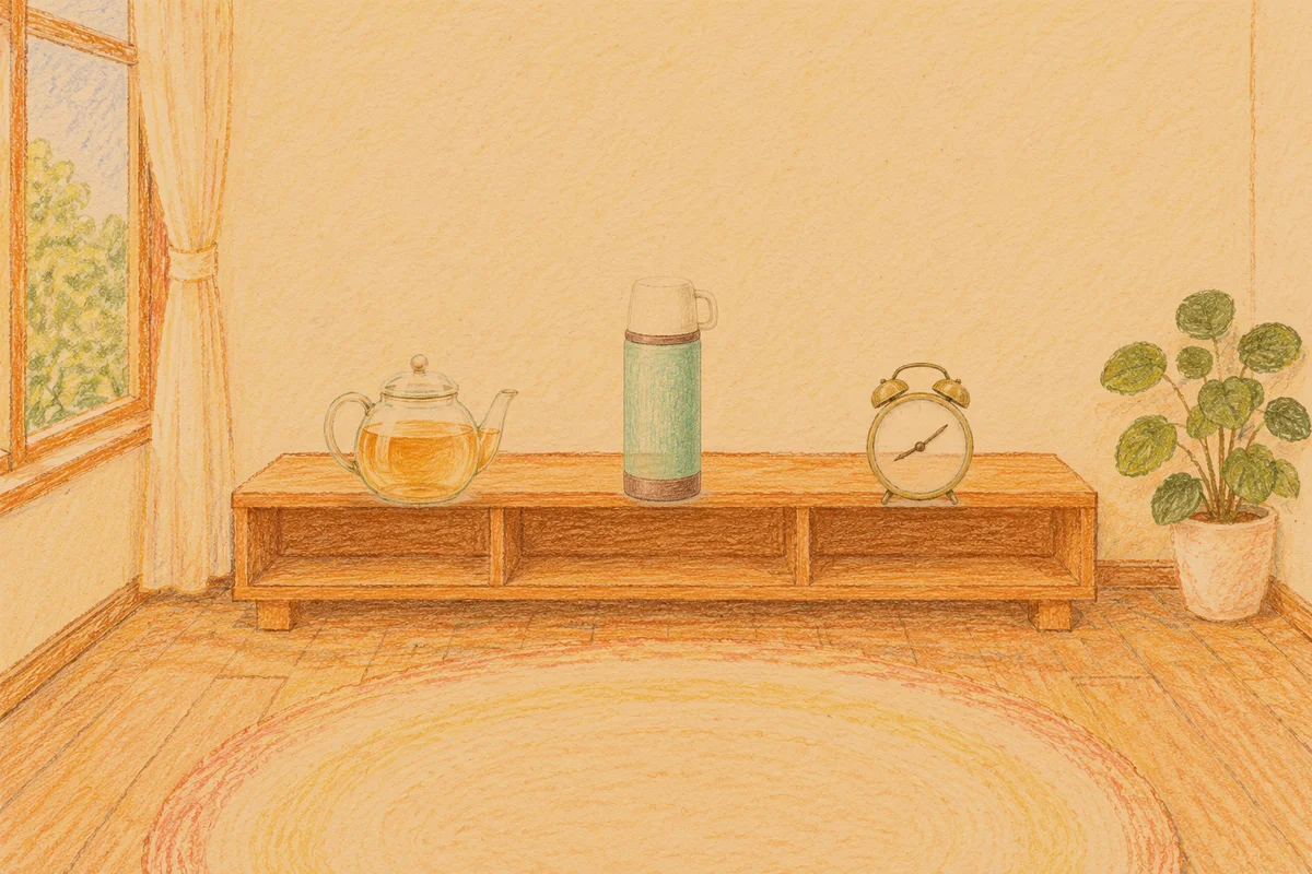 사근동 여성전용 림프 마사지 안내 그림, 저녁의 창가 낮은 선반 위에 놓인 유리 티포트, 보온병, 둥근 알람시계