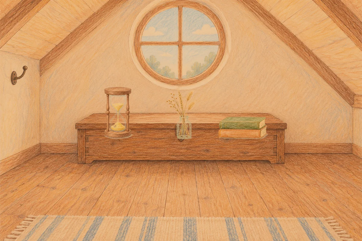 사근동 여성전용 부종 케어 안내 그림, 저녁의 다락방 나무 궤짝 위에 놓인 모래시계, 마른 풀을 꽂은 항아리, 책 두 권