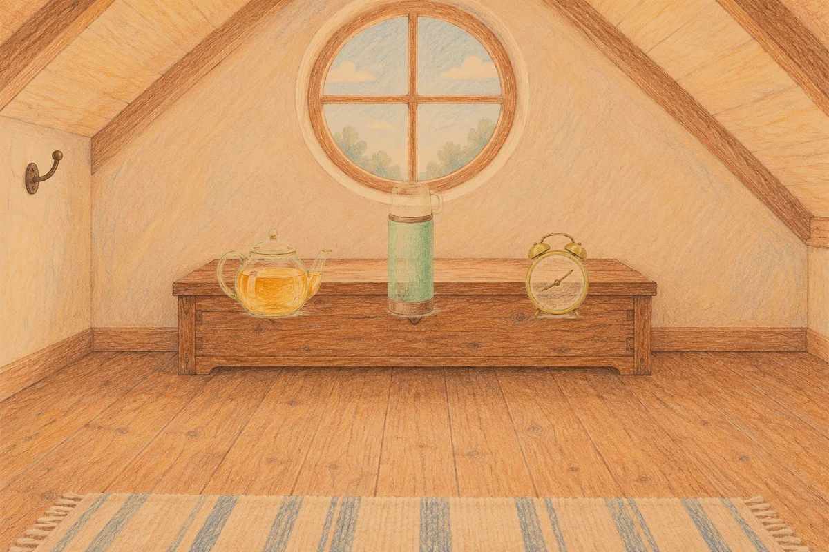 사근동 여성전용 셀룰라이트 관리 안내 그림, 저녁의 다락방 나무 궤짝 위에 놓인 유리 티포트, 보온병, 둥근 알람시계