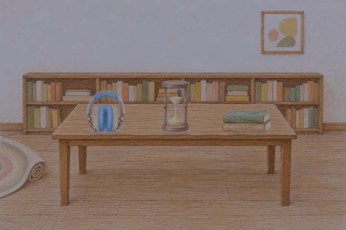 사근동 여성전용 바디 케어 안내 그림, 밤의 서재 긴 책상 위에 놓인 헤드폰, 모래시계, 책 두 권