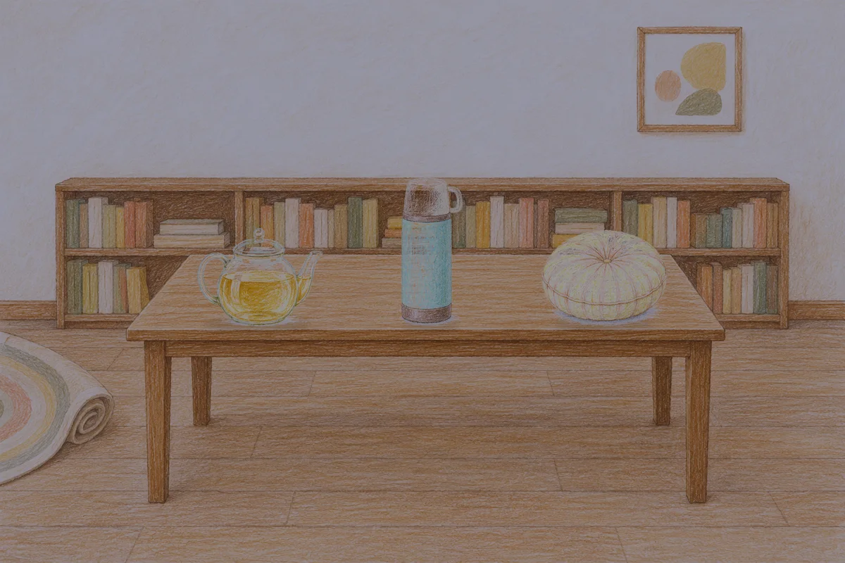사근동 여성전용 디톡스 마사지 안내 그림, 밤의 서재 긴 책상 위에 놓인 유리 티포트, 보온병, 둥근 쿠션