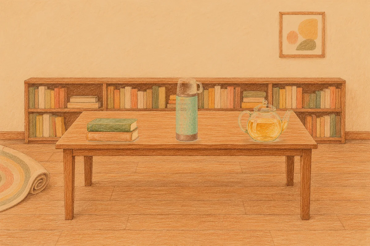 사근동 여성전용 다이어트 마사지 안내 그림, 저녁의 서재 긴 책상 위에 놓인 책 두 권, 보온병, 유리 티포트