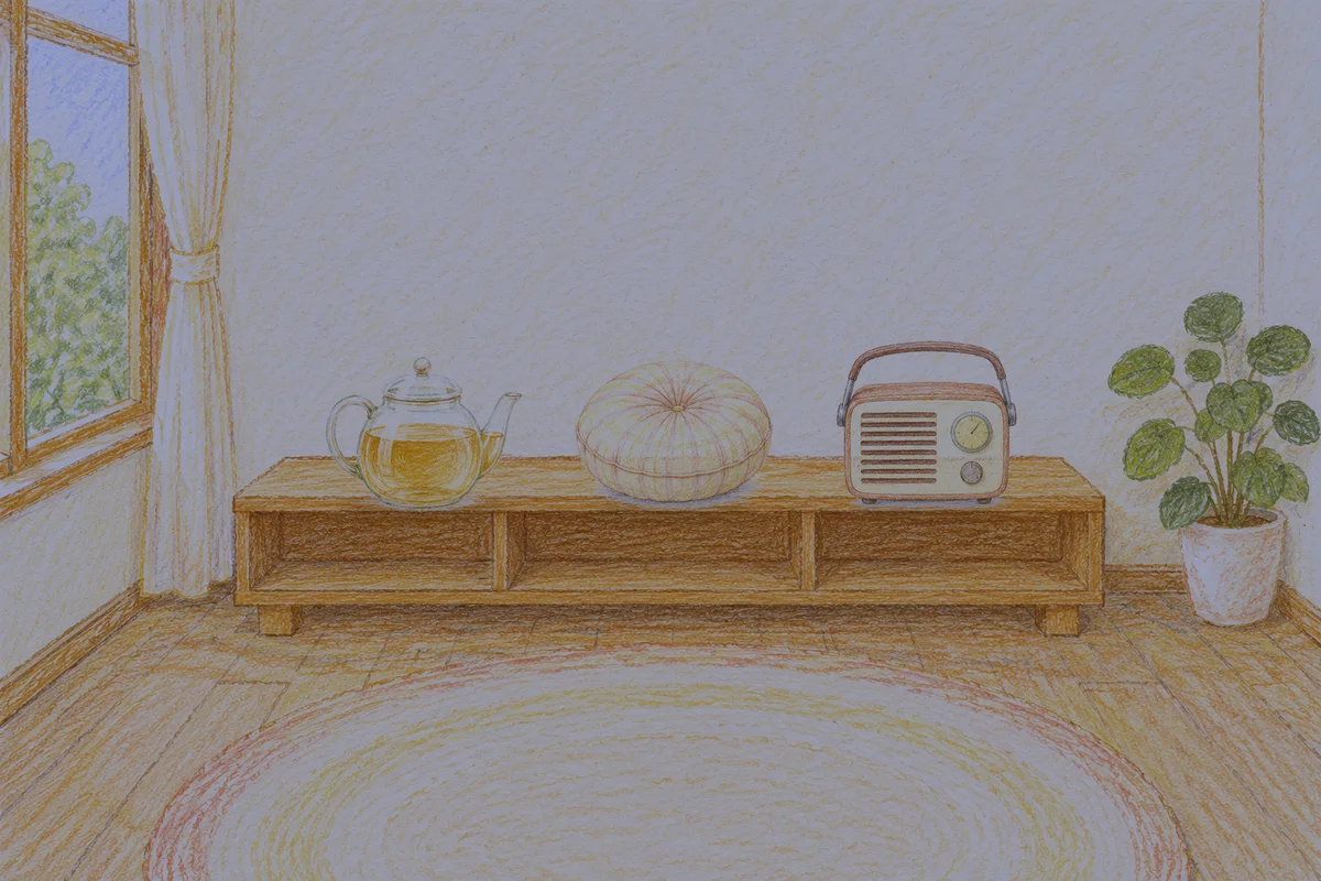 사근동 여성전용 종아리 케어 안내 그림, 밤의 창가 낮은 선반 위에 놓인 유리 티포트, 둥근 쿠션, 작은 라디오