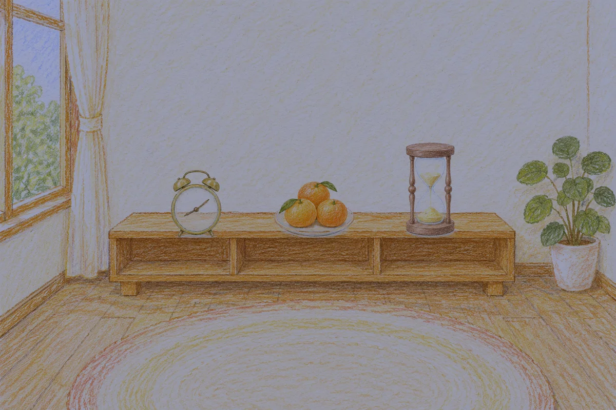 사근동 여성전용 두피 케어 안내 그림, 밤의 창가 낮은 선반 위에 놓인 둥근 알람시계, 귤이 담긴 접시, 모래시계
