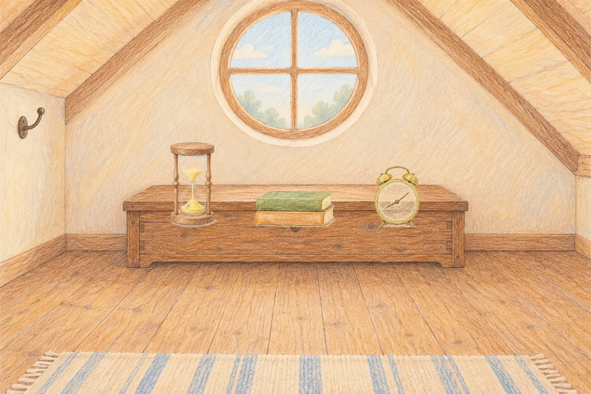 사근동 여성전용 스트레스 케어 안내 그림, 낮의 다락방 나무 궤짝 위에 놓인 모래시계, 책 두 권, 둥근 알람시계
