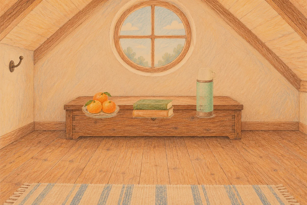 사근동 여성전용 림프 페이셜 안내 그림, 저녁의 다락방 나무 궤짝 위에 놓인 귤이 담긴 접시, 책 두 권, 보온병