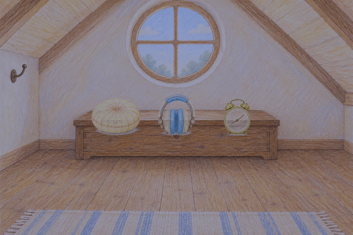 사근동 여성전용 안티에이징 케어 안내 그림, 밤의 다락방 나무 궤짝 위에 놓인 둥근 쿠션, 헤드폰, 둥근 알람시계