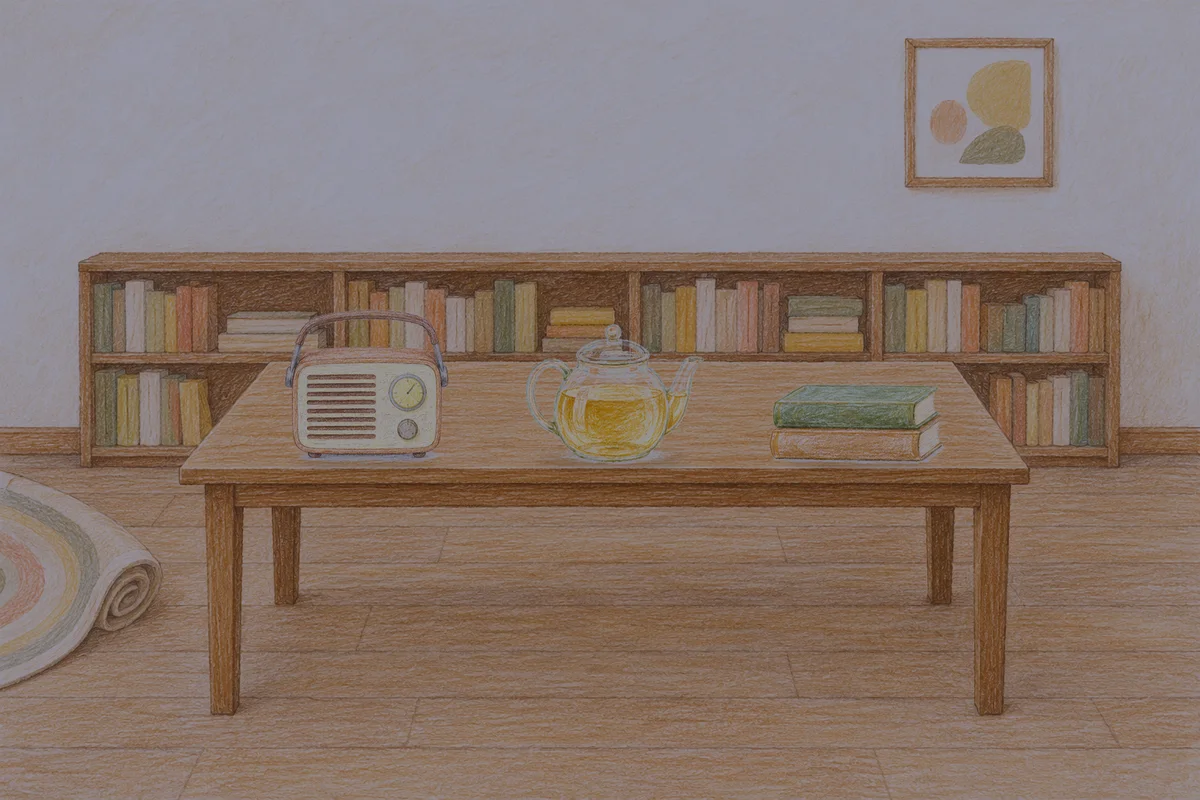 사근동 여성전용 브라이덜 케어 안내 그림, 밤의 서재 긴 책상 위에 놓인 작은 라디오, 유리 티포트, 책 두 권