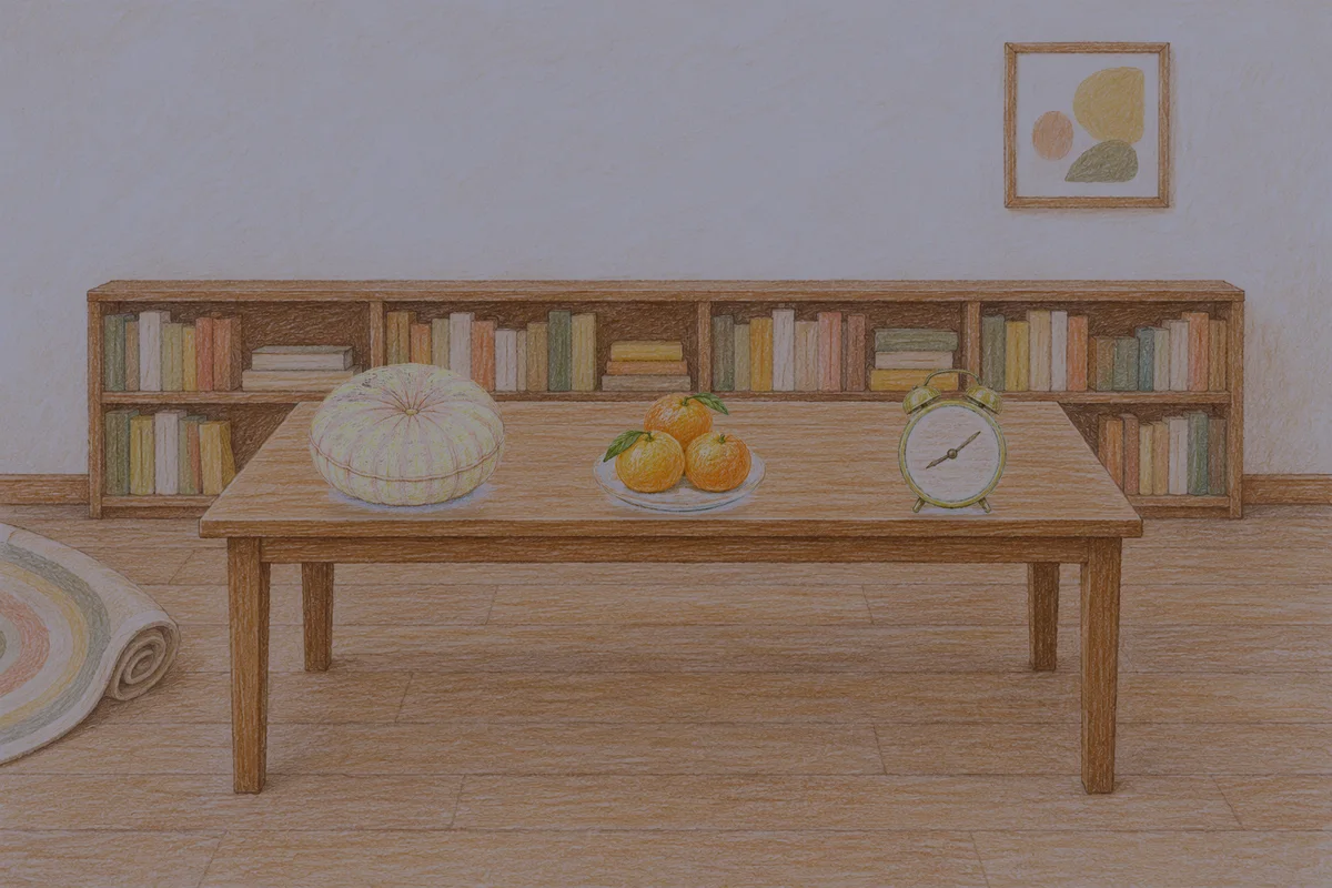 사근동 여성전용 피부 관리 안내 그림, 밤의 서재 긴 책상 위에 놓인 둥근 쿠션, 귤이 담긴 접시, 둥근 알람시계