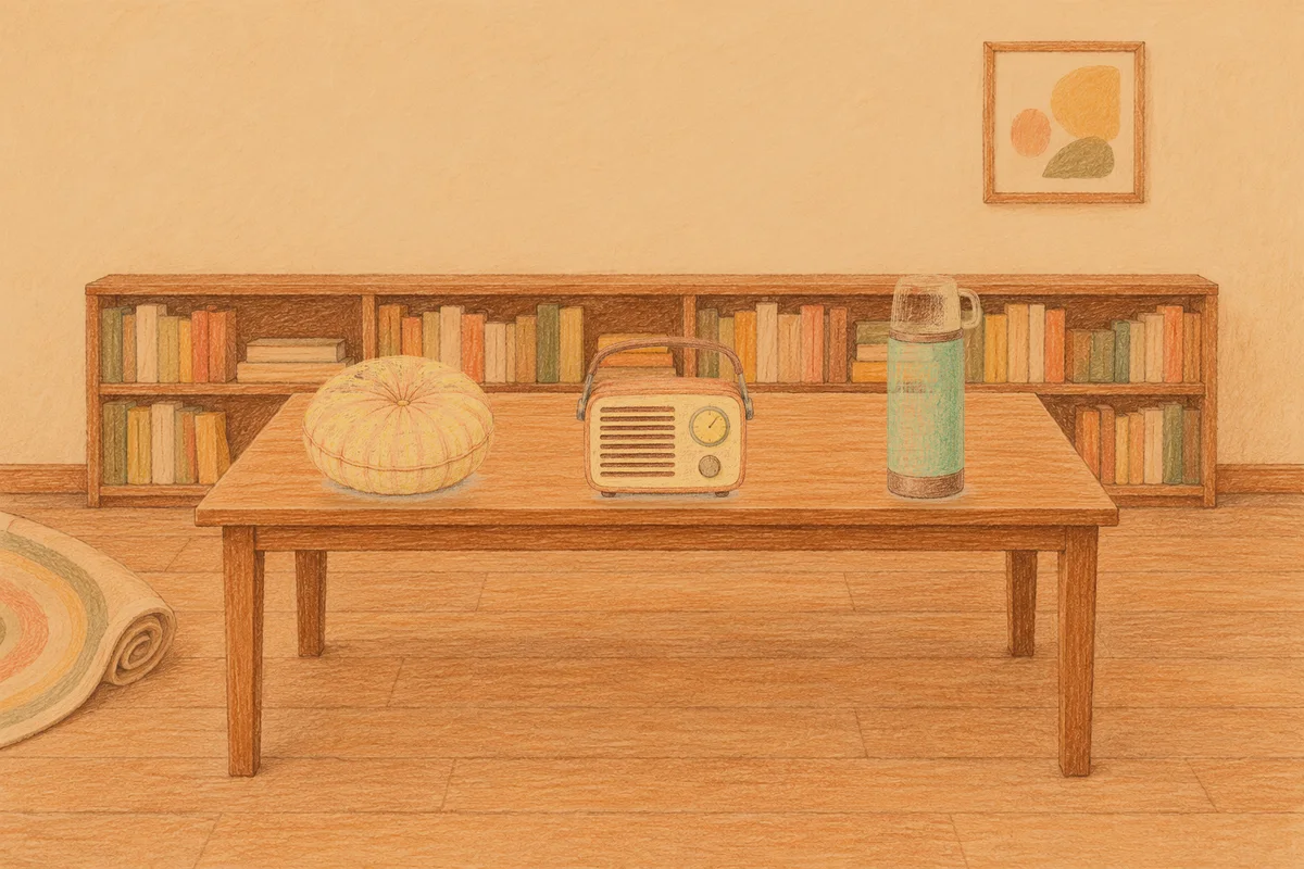 사근동 여성전용 가격 마사지 안내 그림, 저녁의 서재 긴 책상 위에 놓인 둥근 쿠션, 작은 라디오, 보온병
