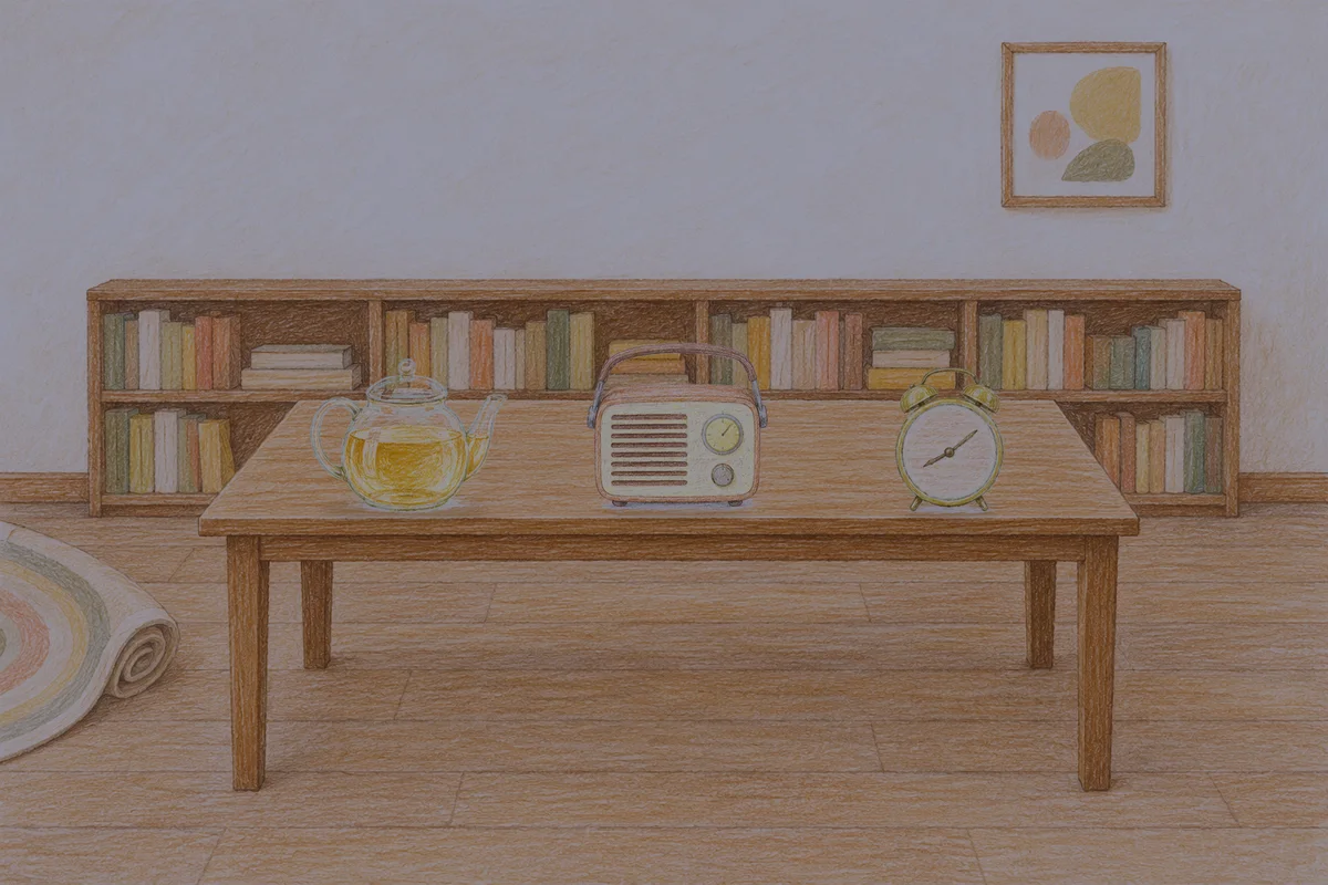 사근동 여성전용 추천 마사지 안내 그림, 밤의 서재 긴 책상 위에 놓인 유리 티포트, 작은 라디오, 둥근 알람시계