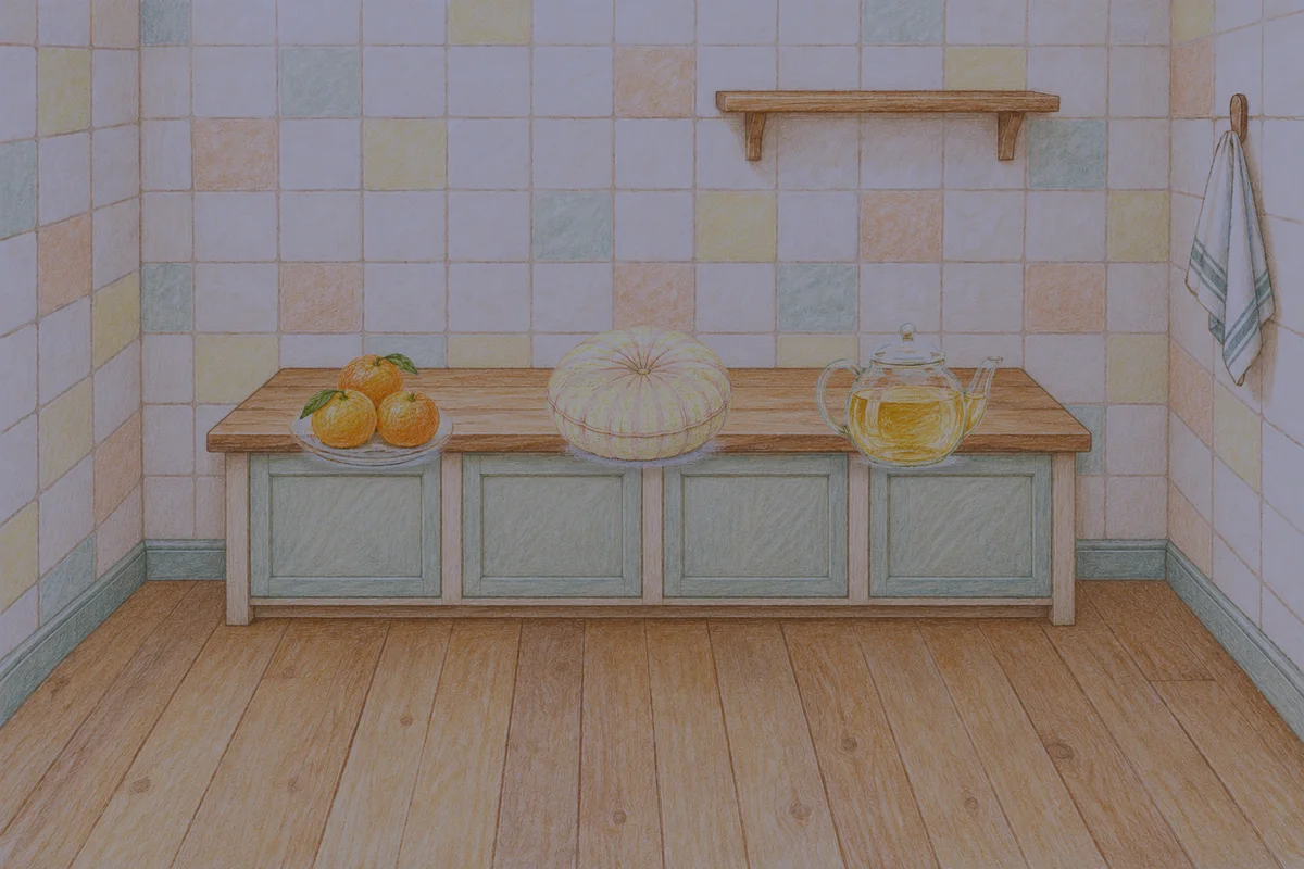 도선동 여성전용 스웨디시 마사지 안내 그림, 밤의 부엌 나무 조리대 위에 놓인 귤이 담긴 접시, 둥근 쿠션, 유리 티포트