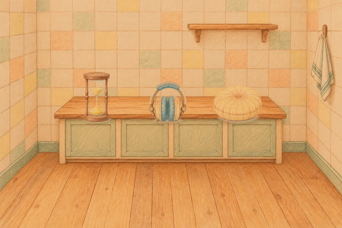 도선동 여성전용 아로마 마사지 안내 그림, 저녁의 부엌 나무 조리대 위에 놓인 모래시계, 헤드폰, 둥근 쿠션