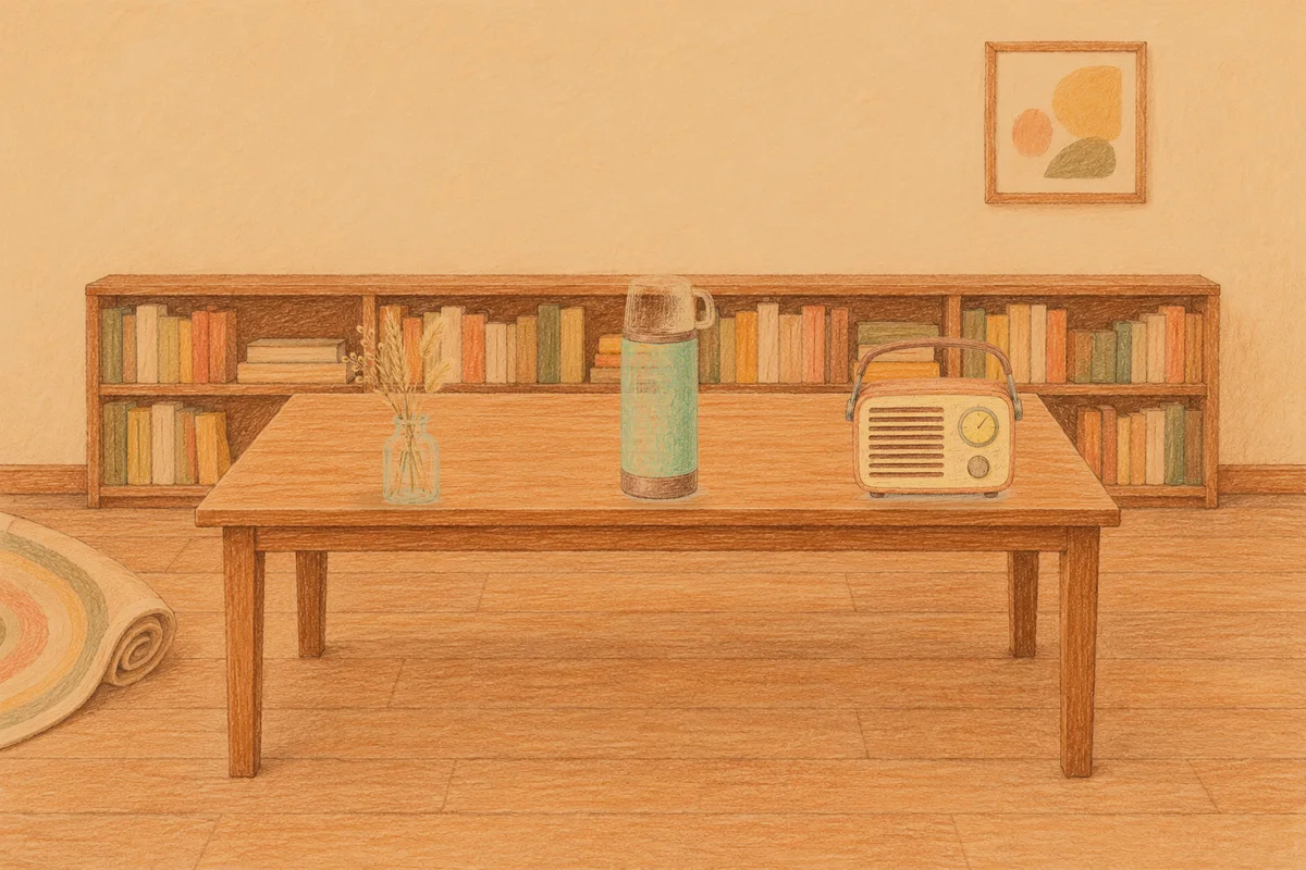 도선동 여성전용 스웨디시 홈케어 안내 그림, 저녁의 서재 긴 책상 위에 놓인 마른 풀을 꽂은 항아리, 보온병, 작은 라디오