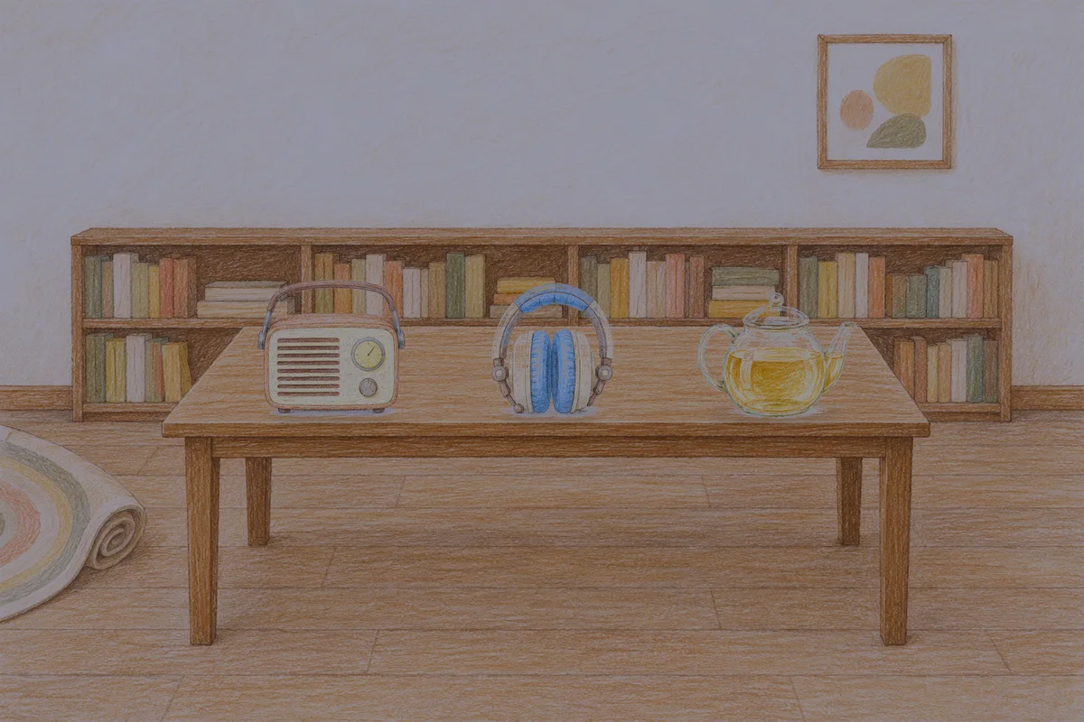도선동 여성전용 라벤더 아로마 안내 그림, 밤의 서재 긴 책상 위에 놓인 작은 라디오, 헤드폰, 유리 티포트