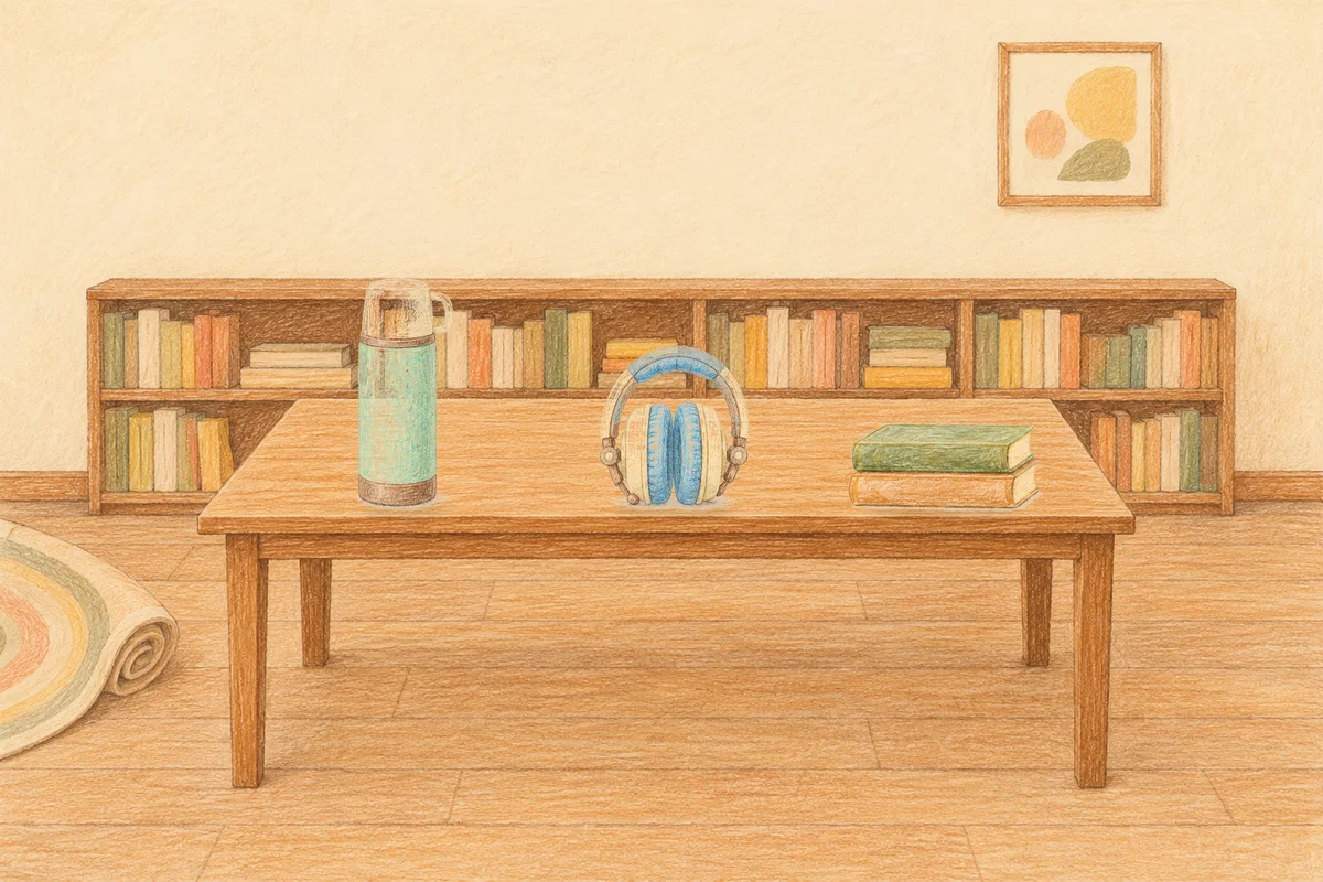 도선동 여성전용 스웨디시 후기 안내 그림, 낮의 서재 긴 책상 위에 놓인 보온병, 헤드폰, 책 두 권