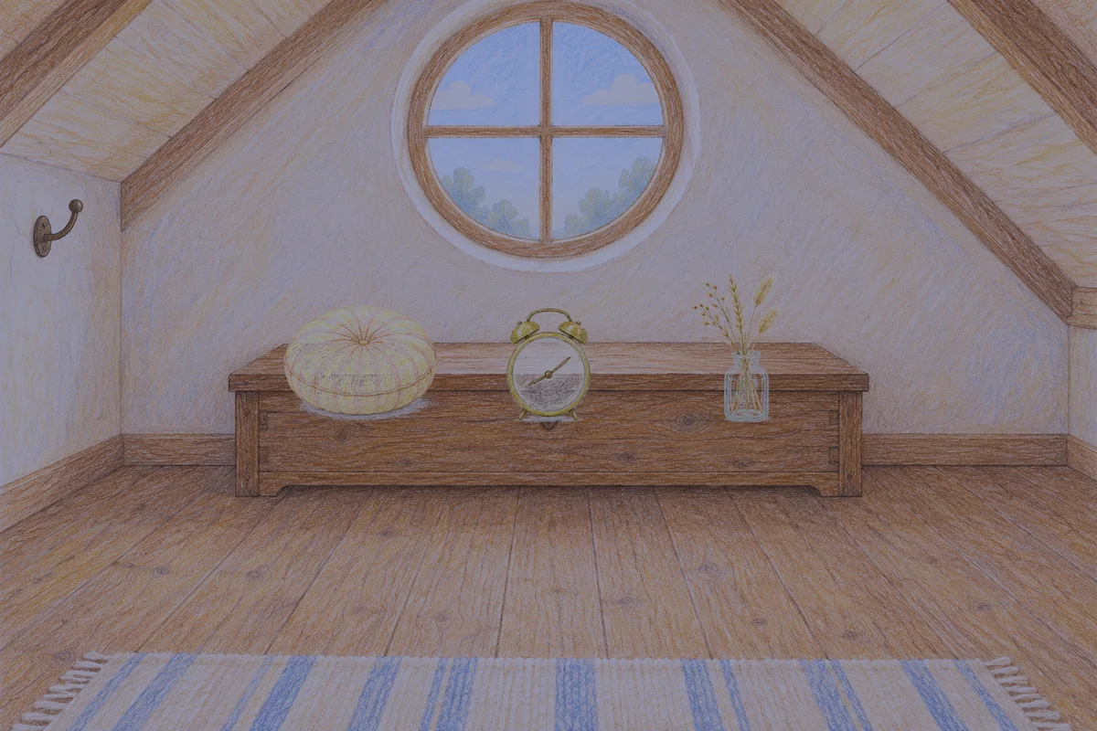 도선동 여성전용 스웨디시 가격 안내 그림, 밤의 다락방 나무 궤짝 위에 놓인 둥근 쿠션, 둥근 알람시계, 마른 풀을 꽂은 항아리