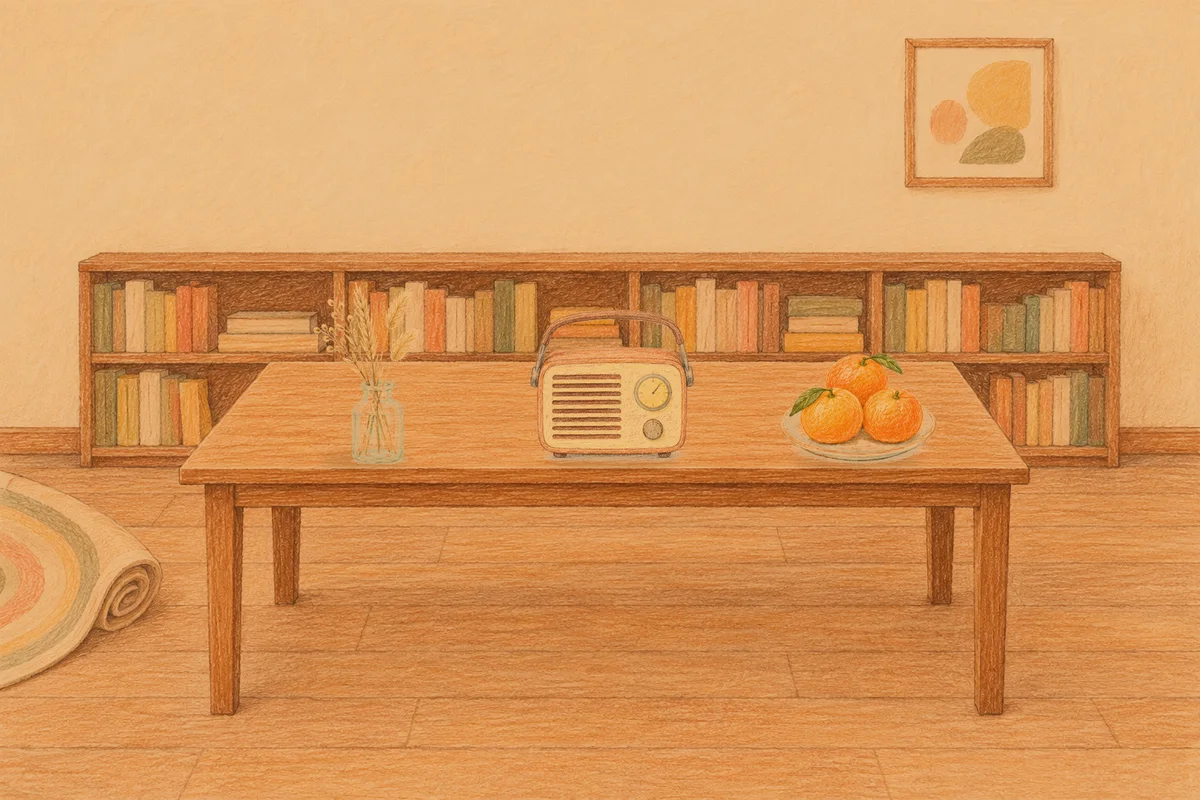도선동 여성전용 아로마 추천 안내 그림, 저녁의 서재 긴 책상 위에 놓인 마른 풀을 꽂은 항아리, 작은 라디오, 귤이 담긴 접시