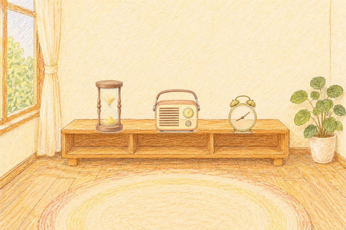 도선동 여성전용 바디 경락 안내 그림, 낮의 창가 낮은 선반 위에 놓인 모래시계, 작은 라디오, 둥근 알람시계