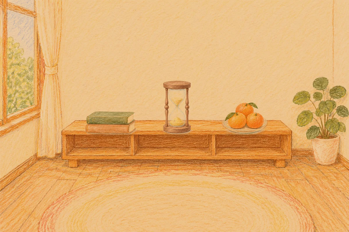 도선동 여성전용 경락마사지 후기 안내 그림, 저녁의 창가 낮은 선반 위에 놓인 책 두 권, 모래시계, 귤이 담긴 접시