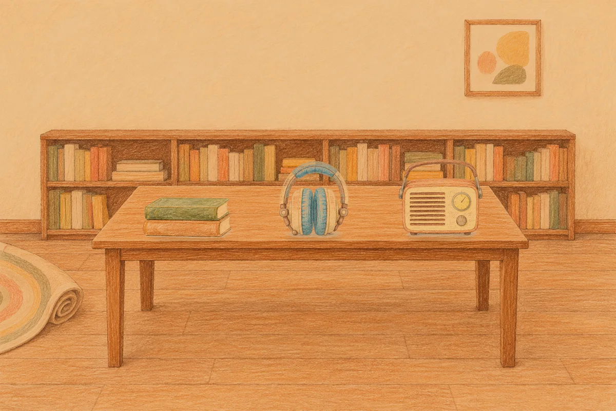 도선동 여성전용 홈케어 안내 그림, 저녁의 서재 긴 책상 위에 놓인 책 두 권, 헤드폰, 작은 라디오
