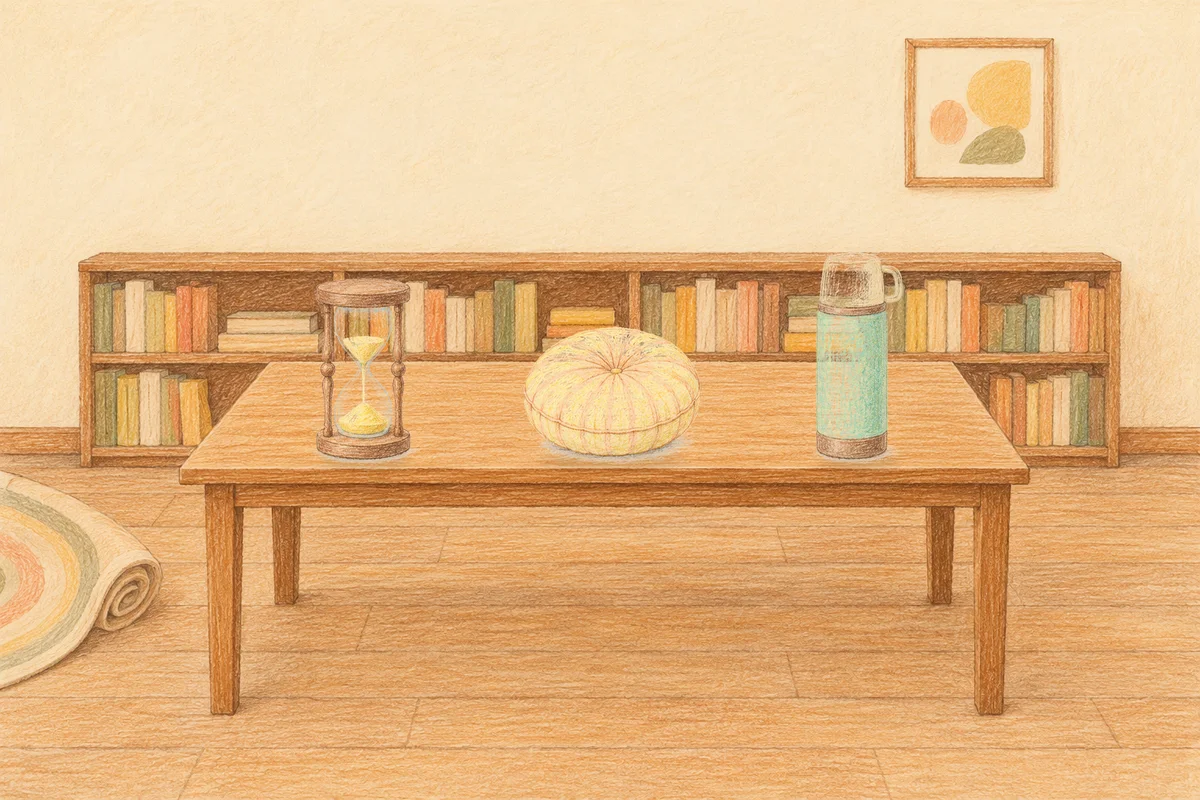 도선동 여성전용 방문 마사지 안내 그림, 낮의 서재 긴 책상 위에 놓인 모래시계, 둥근 쿠션, 보온병
