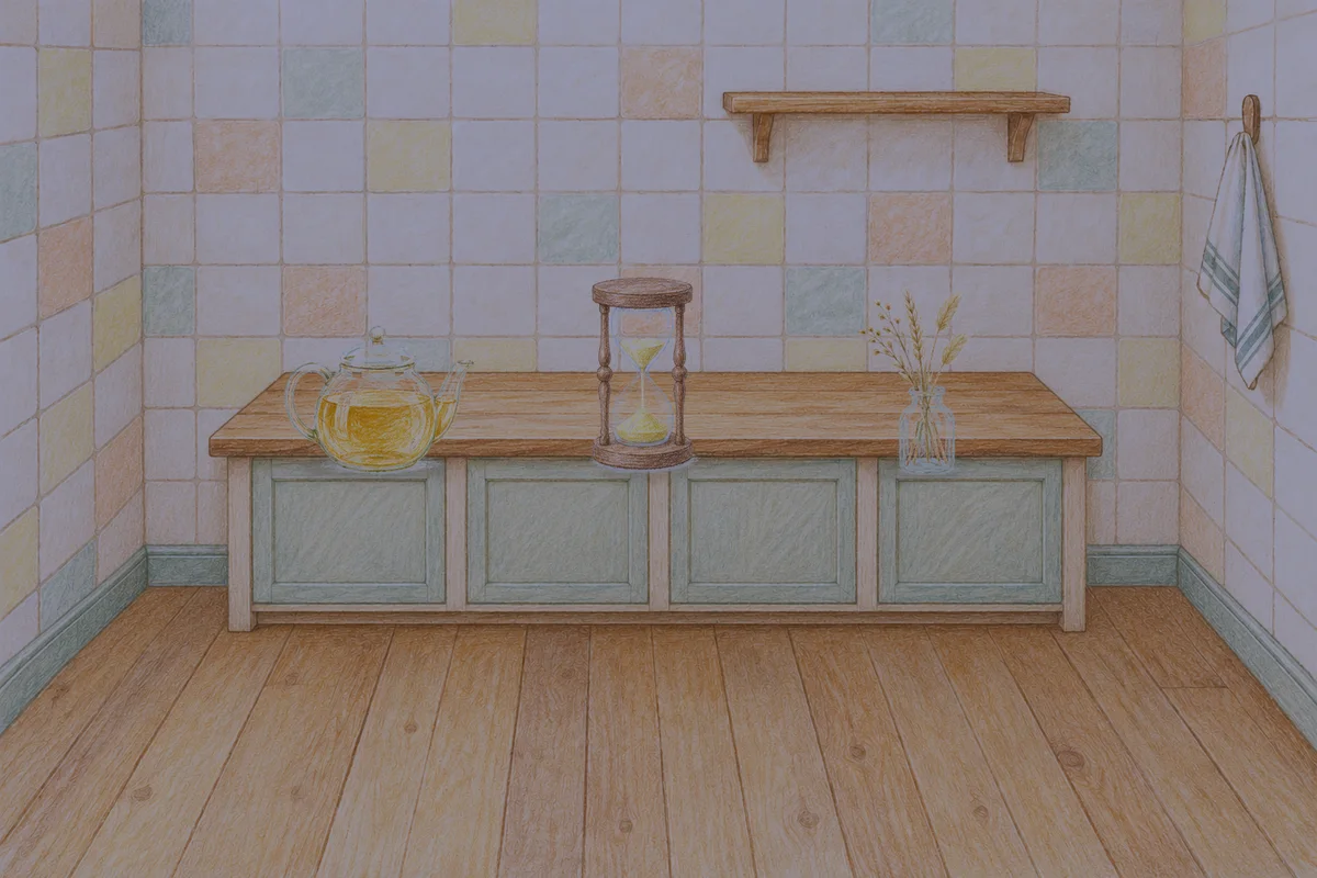 도선동 여성전용 1인샵 안내 그림, 밤의 부엌 나무 조리대 위에 놓인 유리 티포트, 모래시계, 마른 풀을 꽂은 항아리