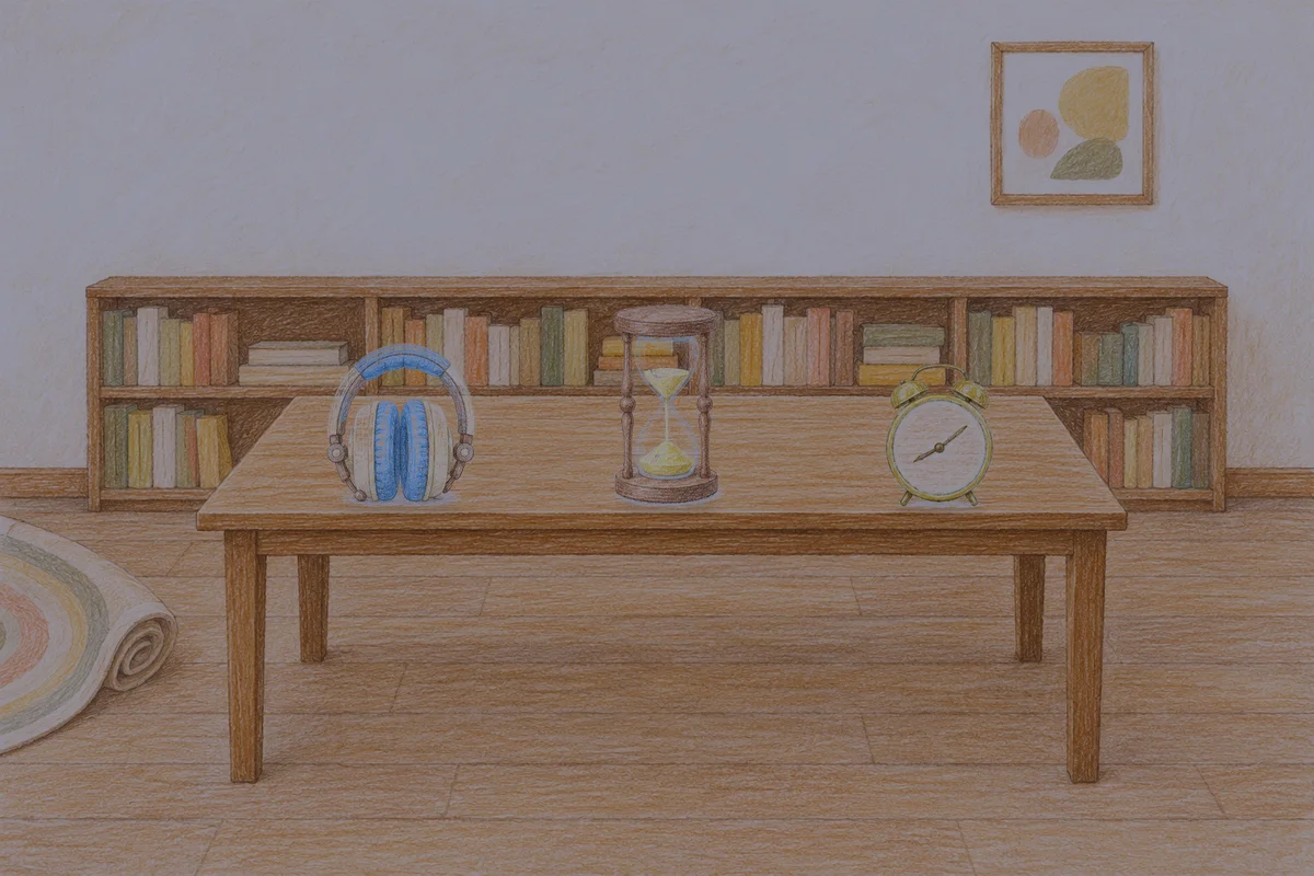 도선동 여성전용 프라이빗 케어 안내 그림, 밤의 서재 긴 책상 위에 놓인 헤드폰, 모래시계, 둥근 알람시계