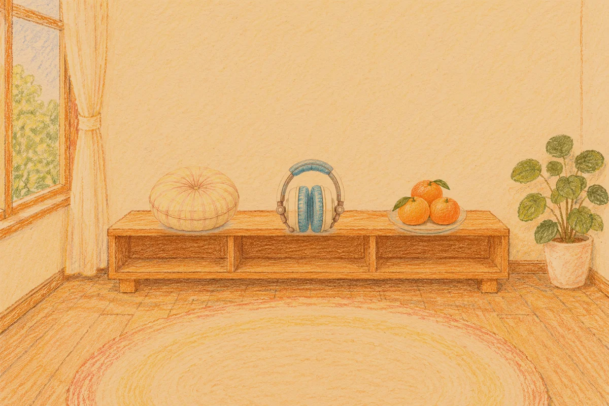 도선동 여성전용 발 케어 안내 그림, 저녁의 창가 낮은 선반 위에 놓인 둥근 쿠션, 헤드폰, 귤이 담긴 접시