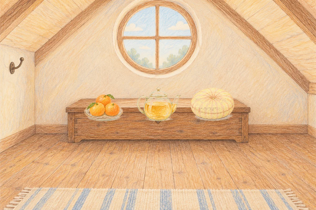 도선동 여성전용 발 부종 케어 안내 그림, 낮의 다락방 나무 궤짝 위에 놓인 귤이 담긴 접시, 유리 티포트, 둥근 쿠션