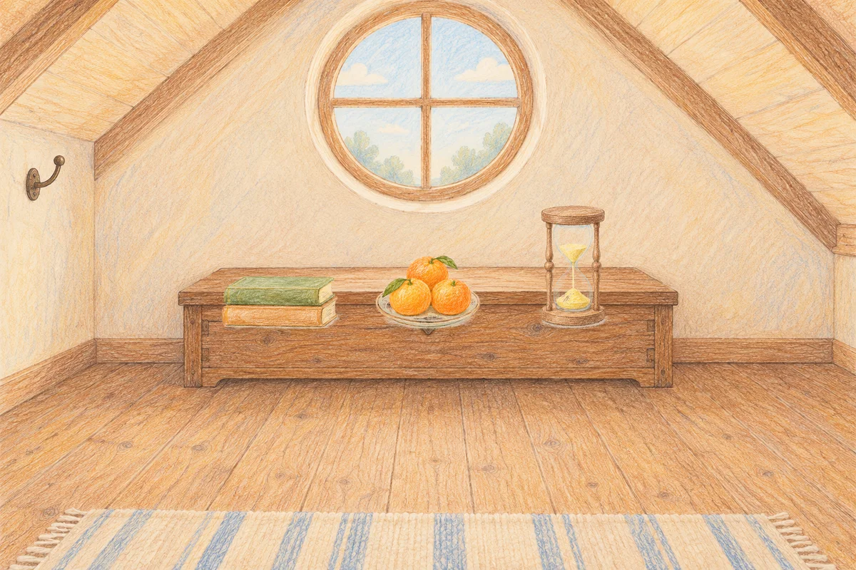 도선동 여성전용 발관리 후기 안내 그림, 낮의 다락방 나무 궤짝 위에 놓인 책 두 권, 귤이 담긴 접시, 모래시계