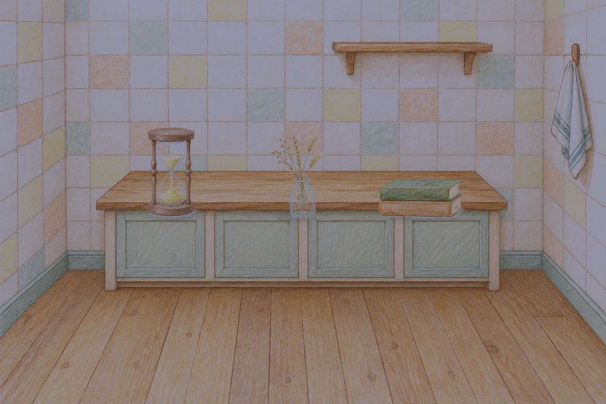 도선동 여성전용 림프 마사지 안내 그림, 밤의 부엌 나무 조리대 위에 놓인 모래시계, 마른 풀을 꽂은 항아리, 책 두 권