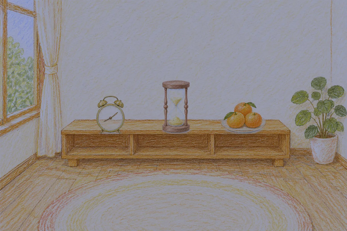 도선동 여성전용 슬리밍 마사지 안내 그림, 밤의 창가 낮은 선반 위에 놓인 둥근 알람시계, 모래시계, 귤이 담긴 접시