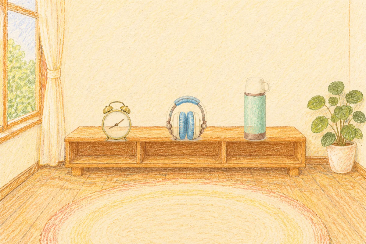 도선동 여성전용 디톡스 마사지 안내 그림, 낮의 창가 낮은 선반 위에 놓인 둥근 알람시계, 헤드폰, 보온병