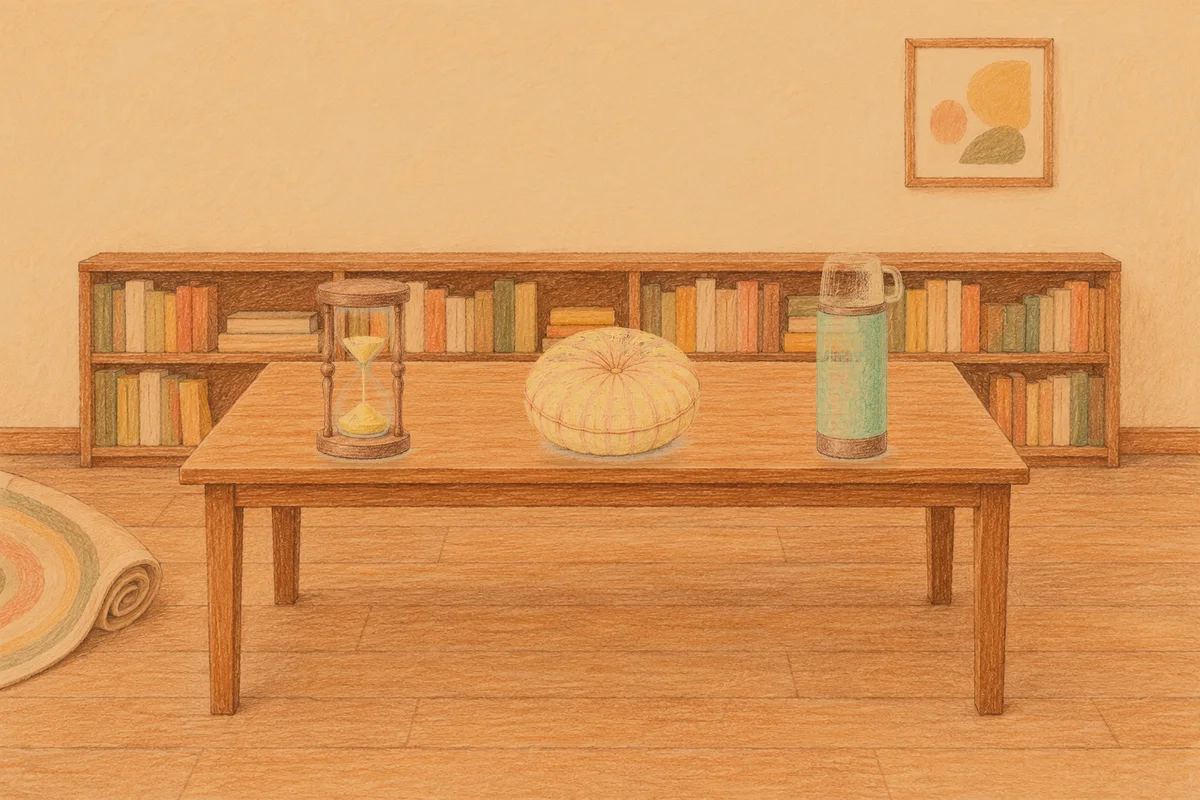 도선동 여성전용 두피 마사지 안내 그림, 저녁의 서재 긴 책상 위에 놓인 모래시계, 둥근 쿠션, 보온병
