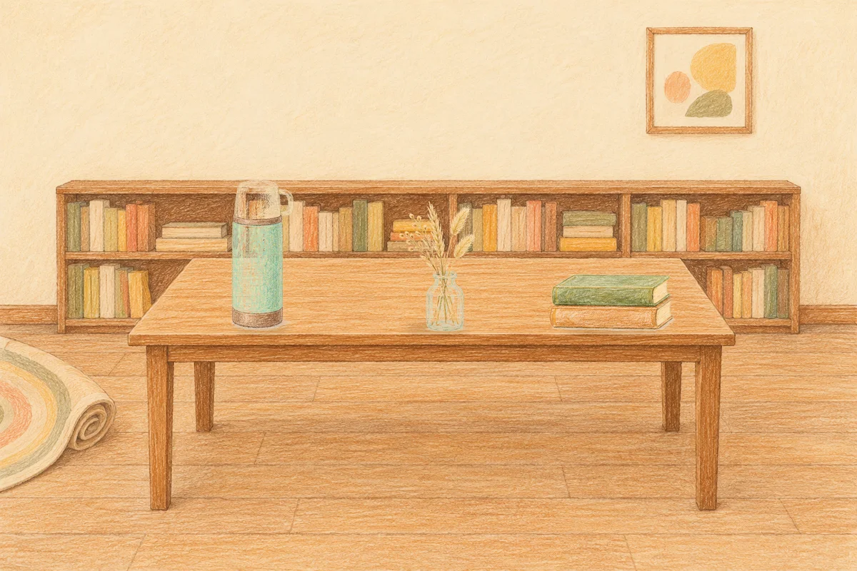 도선동 여성전용 두피 케어 안내 그림, 낮의 서재 긴 책상 위에 놓인 보온병, 마른 풀을 꽂은 항아리, 책 두 권