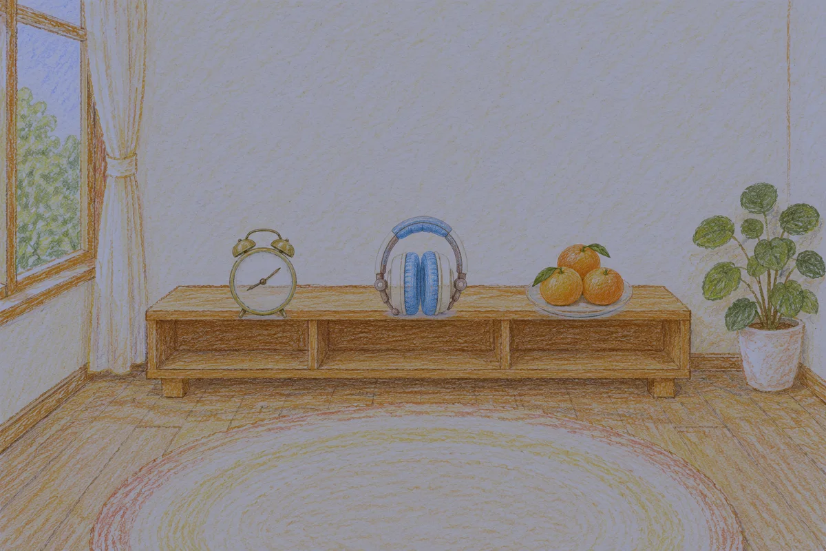 도선동 여성전용 목 어깨 케어 안내 그림, 밤의 창가 낮은 선반 위에 놓인 둥근 알람시계, 헤드폰, 귤이 담긴 접시