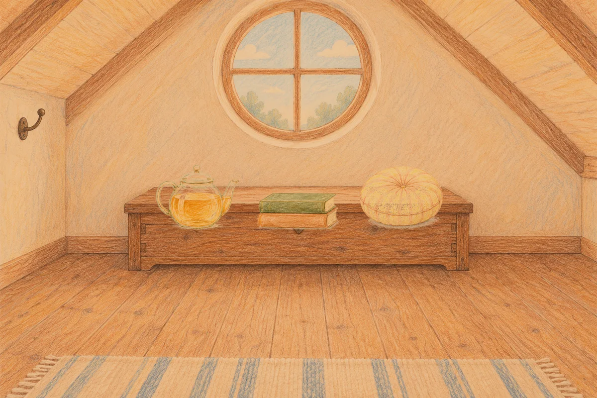 도선동 여성전용 두통 완화 마사지 안내 그림, 저녁의 다락방 나무 궤짝 위에 놓인 유리 티포트, 책 두 권, 둥근 쿠션