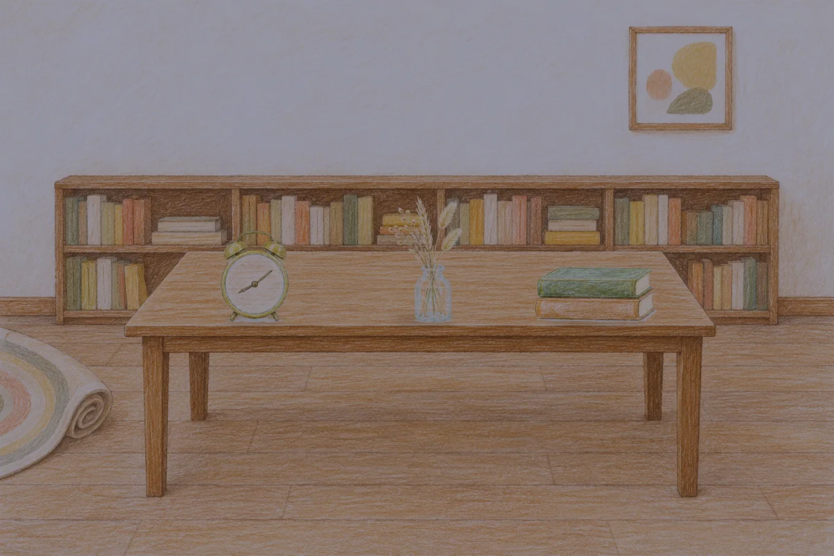 도선동 여성전용 피로 회복 마사지 안내 그림, 밤의 서재 긴 책상 위에 놓인 둥근 알람시계, 마른 풀을 꽂은 항아리, 책 두 권