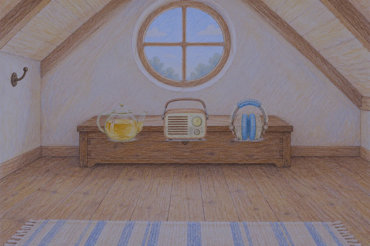 도선동 여성전용 페이셜 마사지 안내 그림, 밤의 다락방 나무 궤짝 위에 놓인 유리 티포트, 작은 라디오, 헤드폰