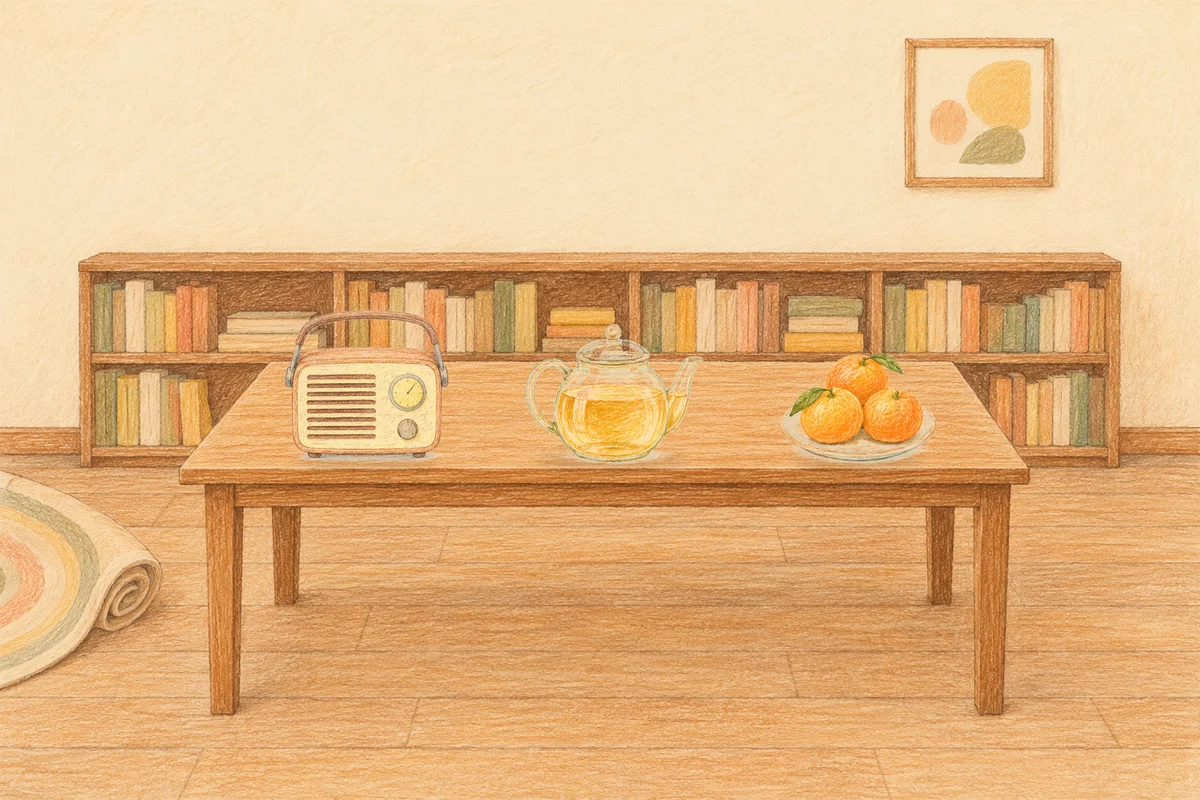 도선동 여성전용 샵 마사지 안내 그림, 낮의 서재 긴 책상 위에 놓인 작은 라디오, 유리 티포트, 귤이 담긴 접시