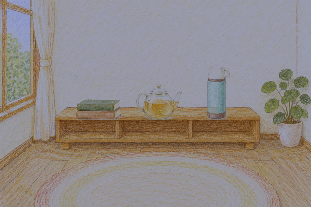 도선동 여성전용 예약 마사지 안내 그림, 밤의 창가 낮은 선반 위에 놓인 책 두 권, 유리 티포트, 보온병